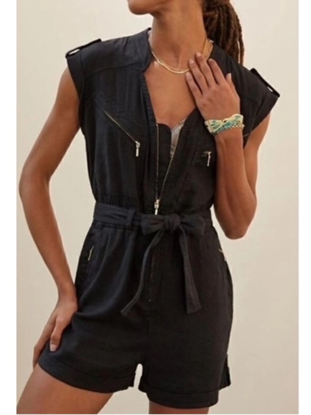 Anthropologie Black Breezy Linen Blend Utility Romper Belted Zip Front Size M